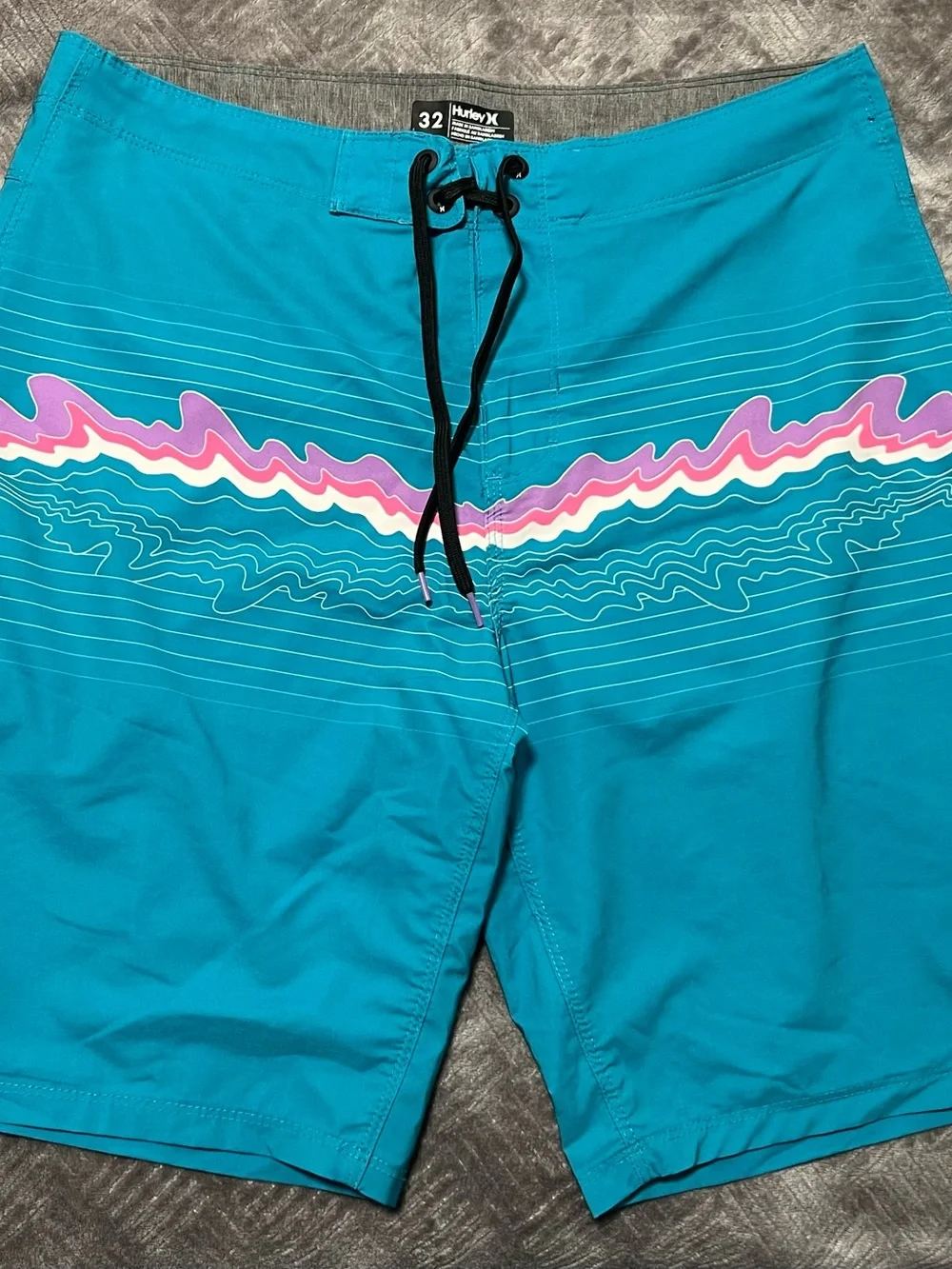 Hurley Teal Swim Trunks with Pink and White Wave Stripe